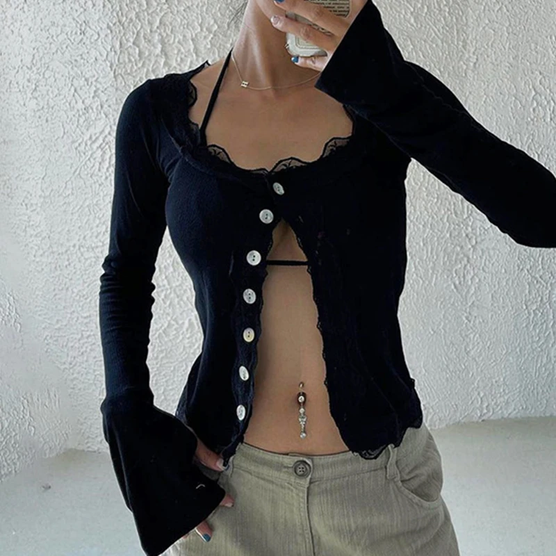 Autumn Spring Ribbed Knit Crop Tops Women Low-cut Lace Patchwork Long Sleeve Button Down Cardigan T-shirts Fashion Streetwear
Autumn Spring Ribbed Knit Crop Tops Women Low-cut Lace Patchwork Long Sleeve Button Down Cardigan T-shirts Fashion Streetwear