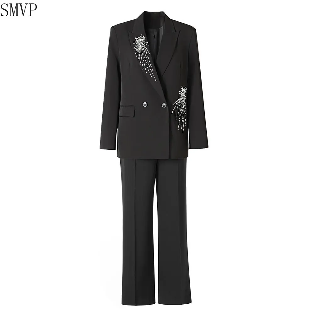 

2023 Nail Bead Design Sense Suit Jacket Temperament High Waisted Black Pants Two-piece Set for Women's Commuting Formal Wear