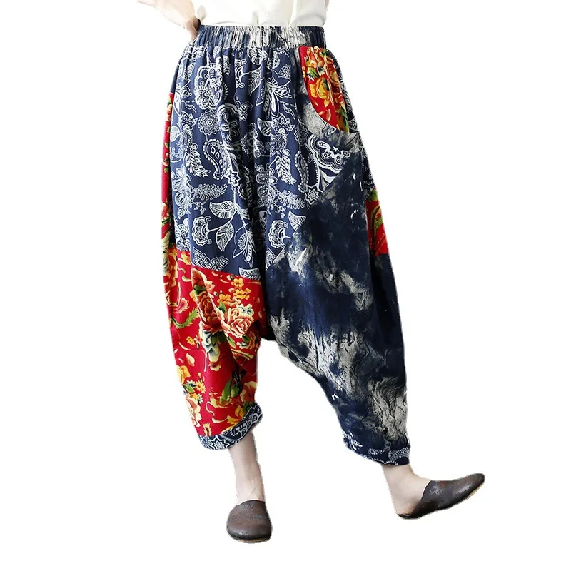 

Summer Cross-Pants Women Cotton Linen Print Drop Crotch Lantern Harem Pants Hippie Joggers Aladdin Indian Nepal Baggy Bloomers