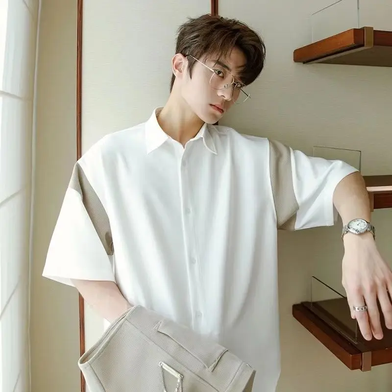 

Men Casual Shirt Lapel Short Sleeve Button Streetwear Summer Men Clothing 2023 Solid Color Korean Fashion Shirts Tops Q41