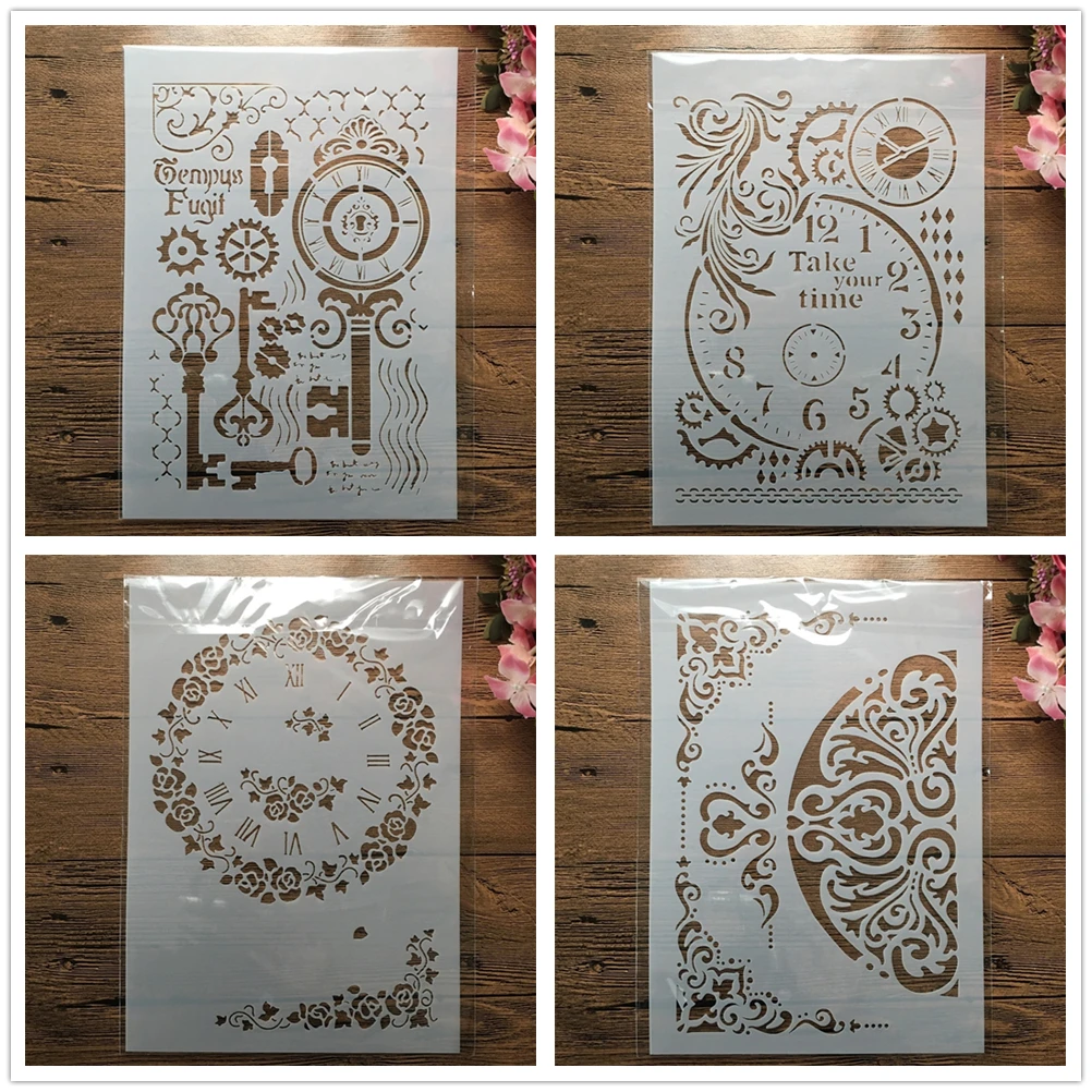 4Pcs A4 29cm Vintage Clock Gear Key DIY Layering Stencils Wall Painting Scrapbook Coloring Embossing Album Decorative Template
4Pcs A4 29cm Vintage Clock Gear Key DIY Layering Stencils Wall Painting Scrapbook Coloring Embossing Album Decorative Template
