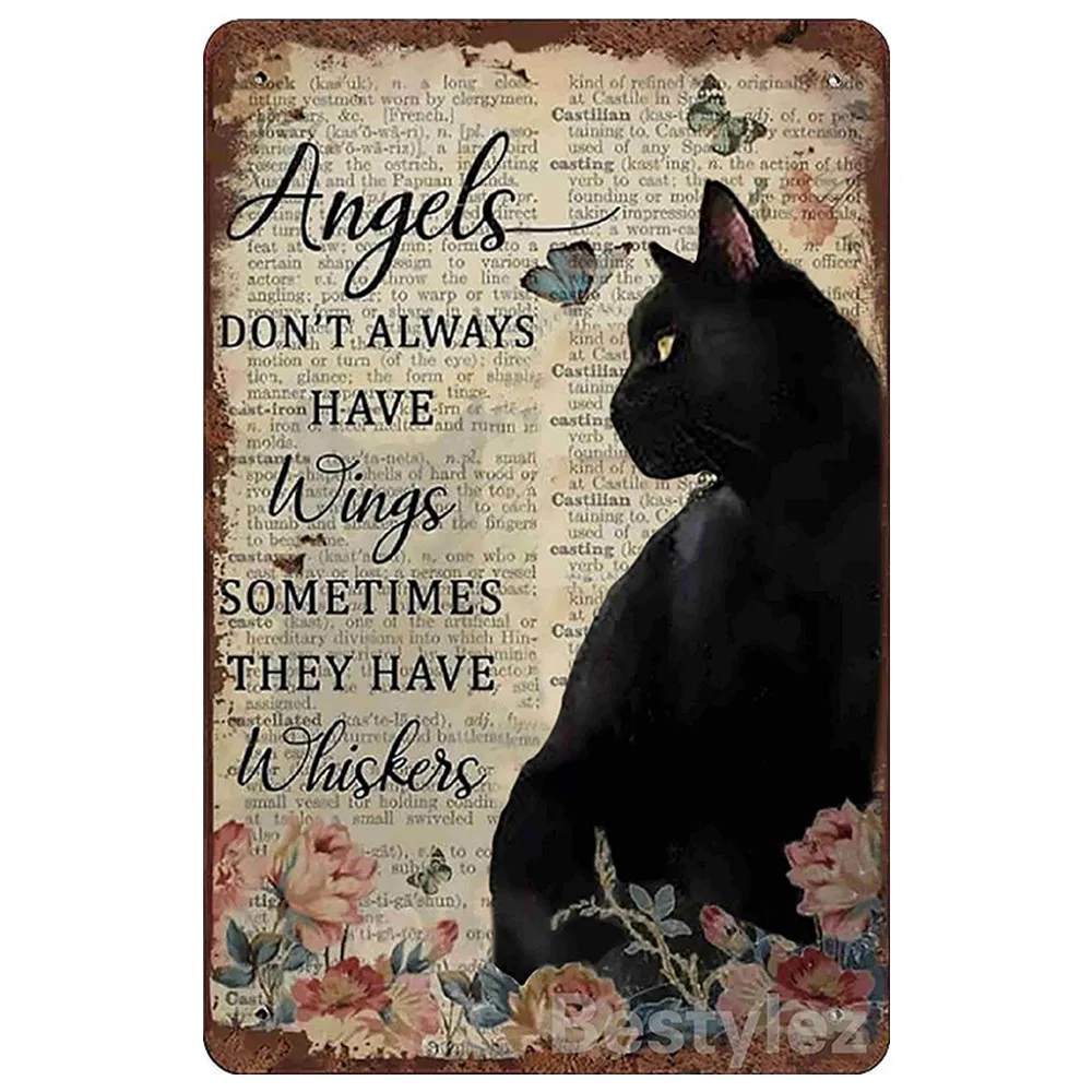 

Chic Vintage Metal Tin Sign Angels Don't Always Have Wings Sometimes They Have Whiskers Retro Floral Black Cat Lovers Gift