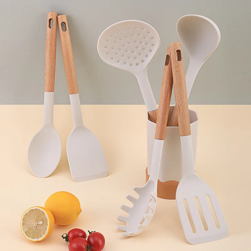 

Food-grade silicone cookware seven-piece silicone spatula kitchen utensils cooking stir-fry spatula wooden handle cookware set