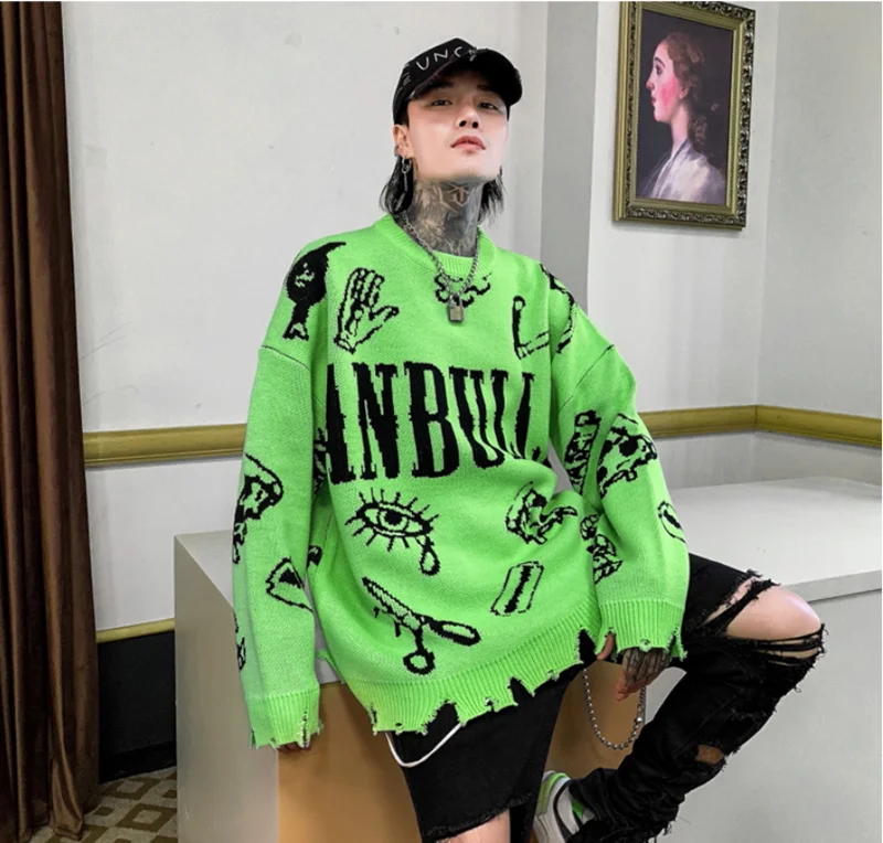 Autumn Winter Ripped Hole Punk Hip Hop Sweater Men Black Green Color Oversized Pullover Korean Style Graffiti Jersey Hombre
Autumn Winter Ripped Hole Punk Hip Hop Sweater Men Black Green Color Oversized Pullover Korean Style Graffiti Jersey Hombre