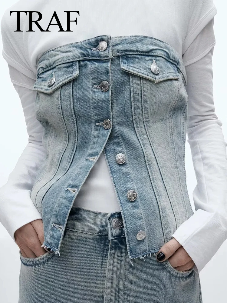 TRAF Summer Sexy Chest Crop Backless Elastic Off Shoulder Woman Blue Denim Strapless Tops Vintage Tube Corset Single Breasted
TRAF Summer Sexy Chest Crop Backless Elastic Off Shoulder Woman Blue Denim Strapless Tops Vintage Tube Corset Single Breasted