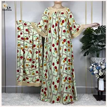 2023 New Dubai Summer Party Elegant Dress Short Sleeve With Big Scarf Cotton Floral Printing Loose Robe Maxi Women African Abaya