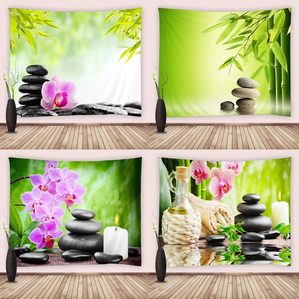 

Black Zen Stone Green Bamboo Tapestry Purple Orchid Spa Japanese Garden Landscape Tapestries Wall Hanging Home Dorm Room Decor