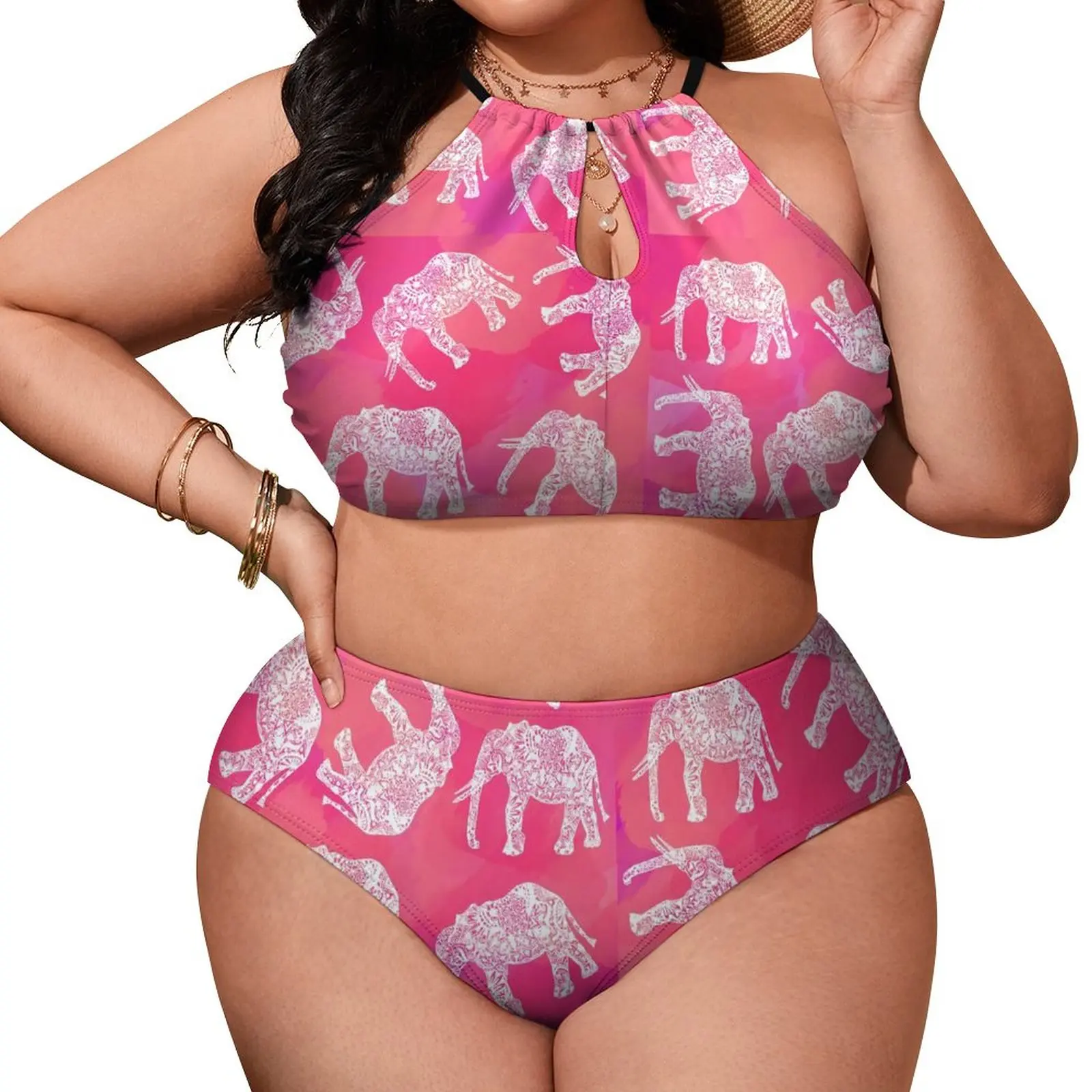 

Tribal Floral Elephant Bikini Swimsuit Pink Animal Print Swimwear Sexy Push Up Kawaii Bikini Set Women Pool Plus Size Swimsuits