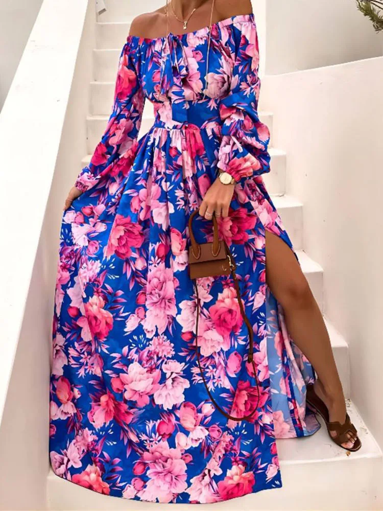 2022 Spring Fall Retro Boho Printed Maxi Dress Women Long Sleeve One-Line Neck Backless Slit Dress Fashion Loose Big Dresses
2022 Spring Fall Retro Boho Printed Maxi Dress Women Long Sleeve One-Line Neck Backless Slit Dress Fashion Loose Big Dresses