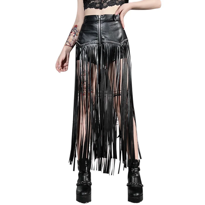 

Black Leather Tassels Front Zipper & Rivets Empire Waist Long Steampunk Skirt Women Vintage Gothic Clothing Party Dance Clubwear