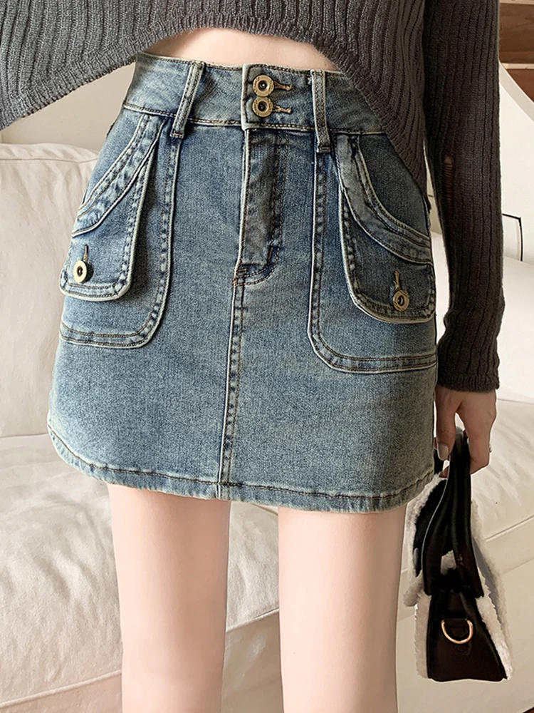 

Повседневная Эластичная джинсовая юбка с высокой талией, облегающая трапециевидная юбка с запахом, Новинка осени 2023, корейская модная женс...