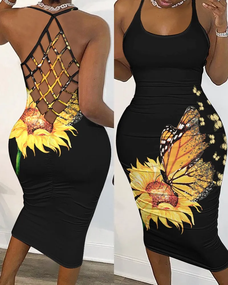 Butterfly Sunflower Print Fishnet Backless Bodycon Dress Women Sleeveless Hollow Out O Neck High Waist Party Slim Dress
Butterfly Sunflower Print Fishnet Backless Bodycon Dress Women Sleeveless Hollow Out O Neck High Waist Party Slim Dress