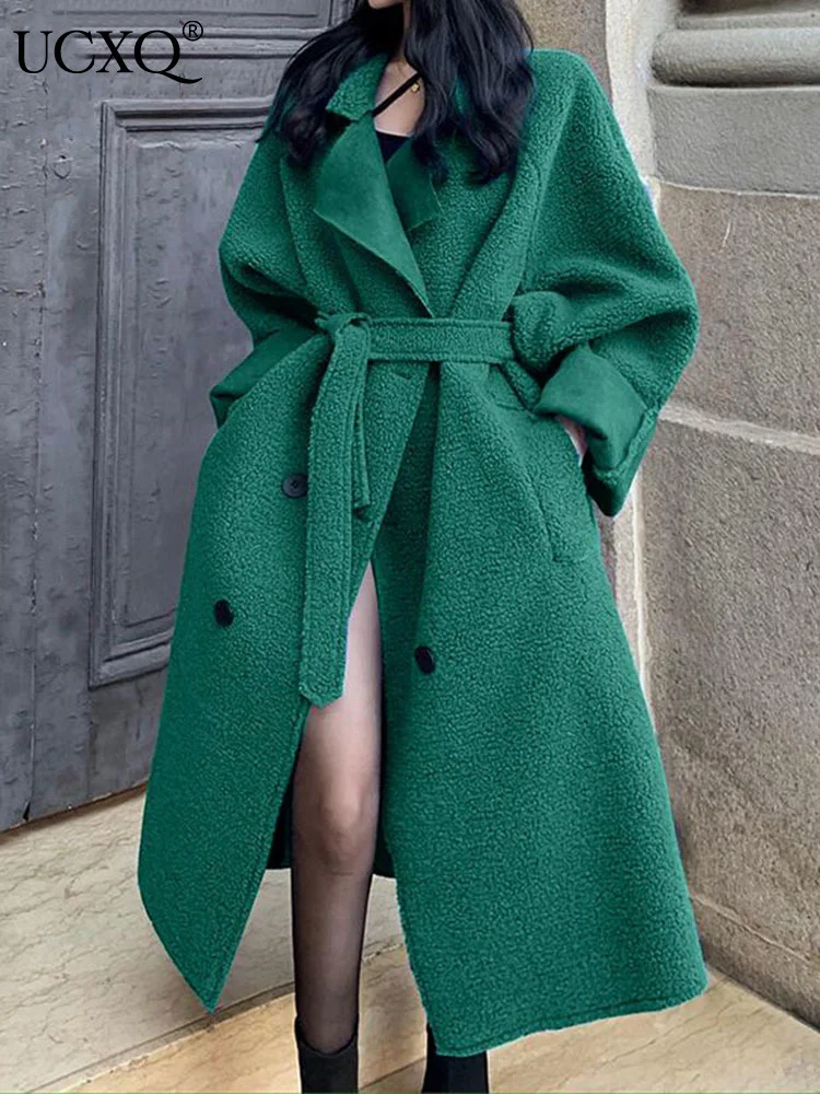 

Теплое зимнее пальто UCXQ, элегантное зеленое пальто из овечьей шерсти, Женская Осенняя свободная Меховая куртка с поясом 2023, женская модная Смешанная верхняя одежда