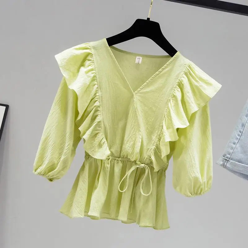 Fashion V-Neck Spliced Bandage Bow Shirring Ruffles Blouse Women's Clothing 2023 Summer New Casual Pullovers Loose Sweet Shirt
Fashion V-Neck Spliced Bandage Bow Shirring Ruffles Blouse Women's Clothing 2023 Summer New Casual Pullovers Loose Sweet Shirt