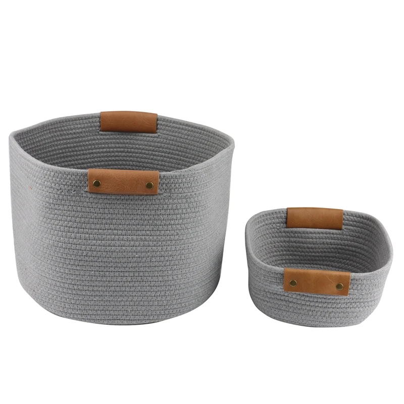 2Pcs Cotton Rope Woven Leather Handle Household Laundry Basket Cosmetics Sundry Arrangement Storage Frame
2Pcs Cotton Rope Woven Leather Handle Household Laundry Basket Cosmetics Sundry Arrangement Storage Frame