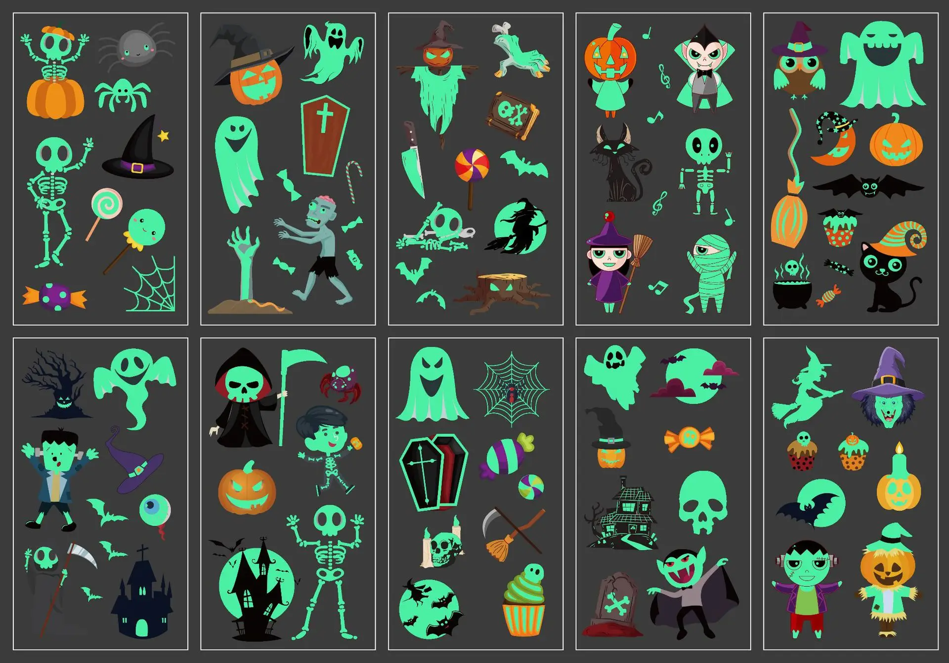 10pcs Halloween Luminous Tattoo Paste Children's Cartoon Skull Temporary Neck Wrist Arm Leg Foot Sticker |