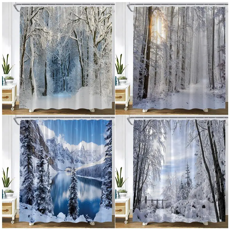 

Занавески для душа зимние, занавески из ткани для ванной с изображением леса, снега, дерева, кедра, гор, озера, природного ландшафта, декор для ванной комнаты с крючками
