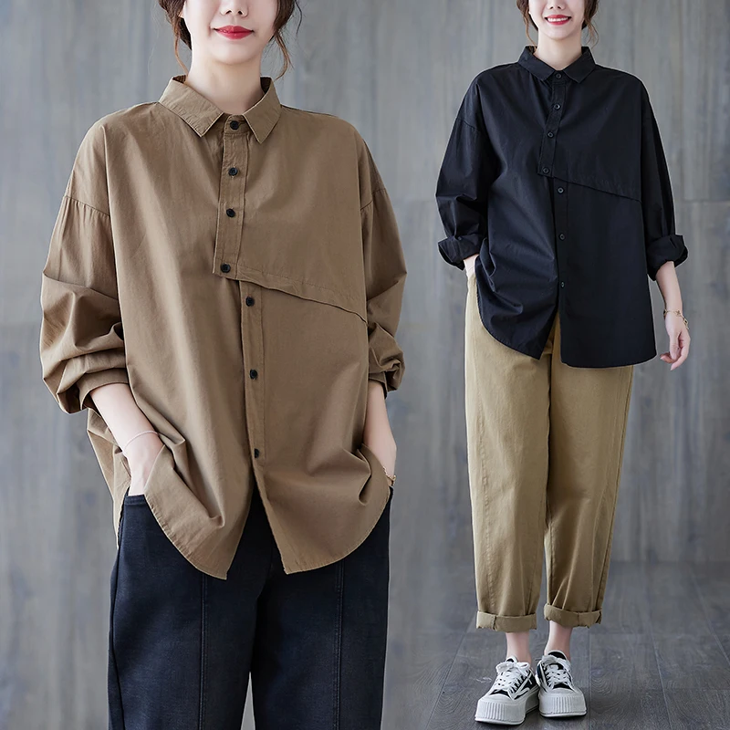 Винтажная хлопковая рубашка, женская Свободная рубашка с длинным рукавом, в Корейском стиле 
Винтажная хлопковая рубашка, женская Свободная рубашка с длинным рукавом, в Корейском стиле
