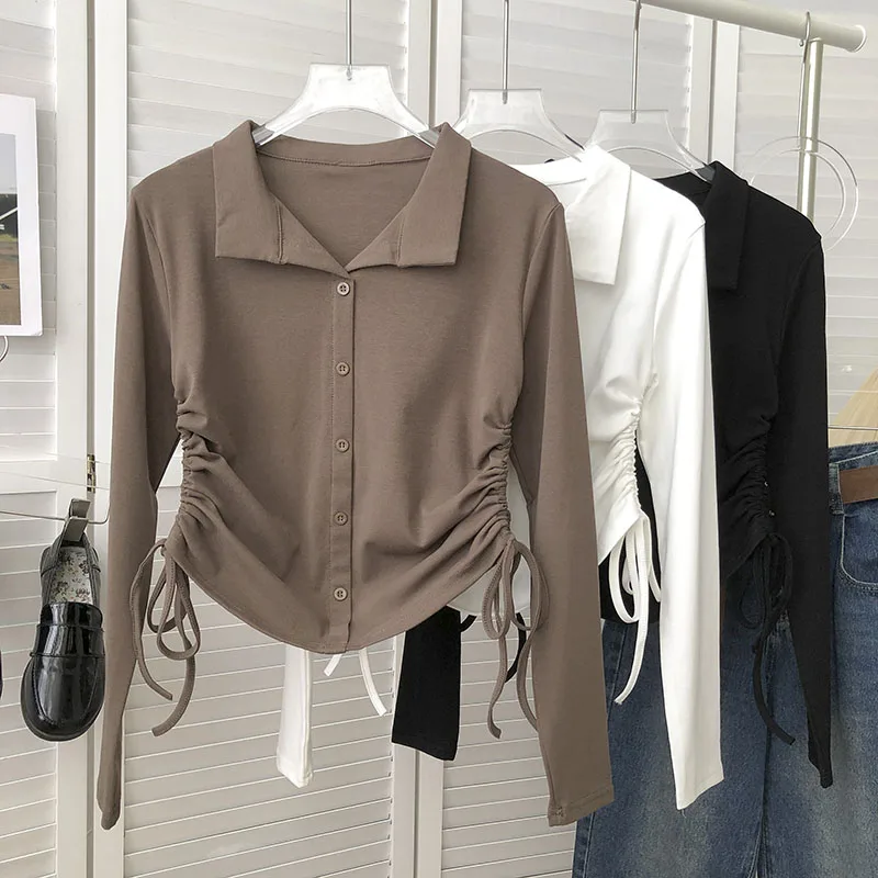 Autumn Casual T-Shirts For Women Almighty Turn-down Collar Long Sleeve Single Breasted Femme Tops Korean Fashion Pleated Tees
Autumn Casual T-Shirts For Women Almighty Turn-down Collar Long Sleeve Single Breasted Femme Tops Korean Fashion Pleated Tees