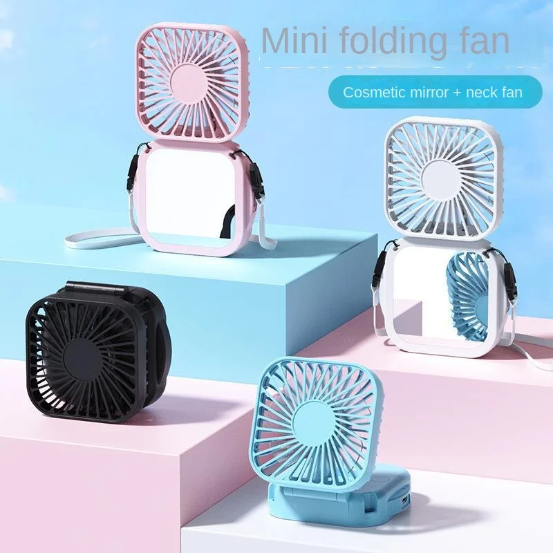 

Mini Makeup Mirror Folding Fan Carrying Neck Hanging Portable Pocket Fan Desktop Office Desktop USB Fans Mini Fan
