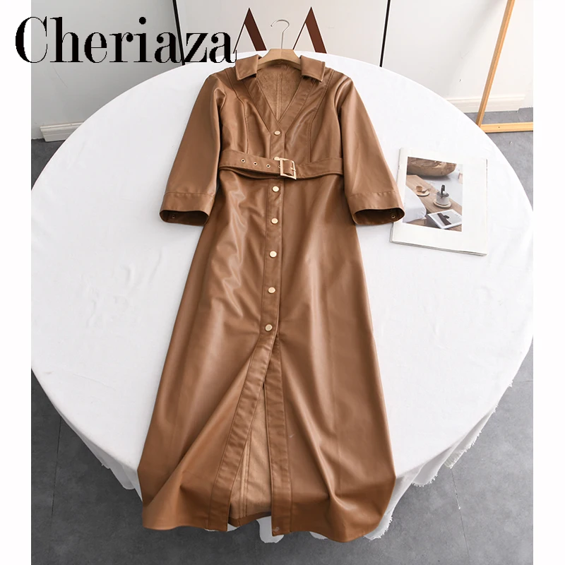 Cheriaza Autumn Winter Vintage Imitation Leather Dress Long Sleeve V neck Belt Decoration Casual Dresses Solid Color PU Vestidos
Cheriaza Autumn Winter Vintage Imitation Leather Dress Long Sleeve V neck Belt Decoration Casual Dresses Solid Color PU Vestidos