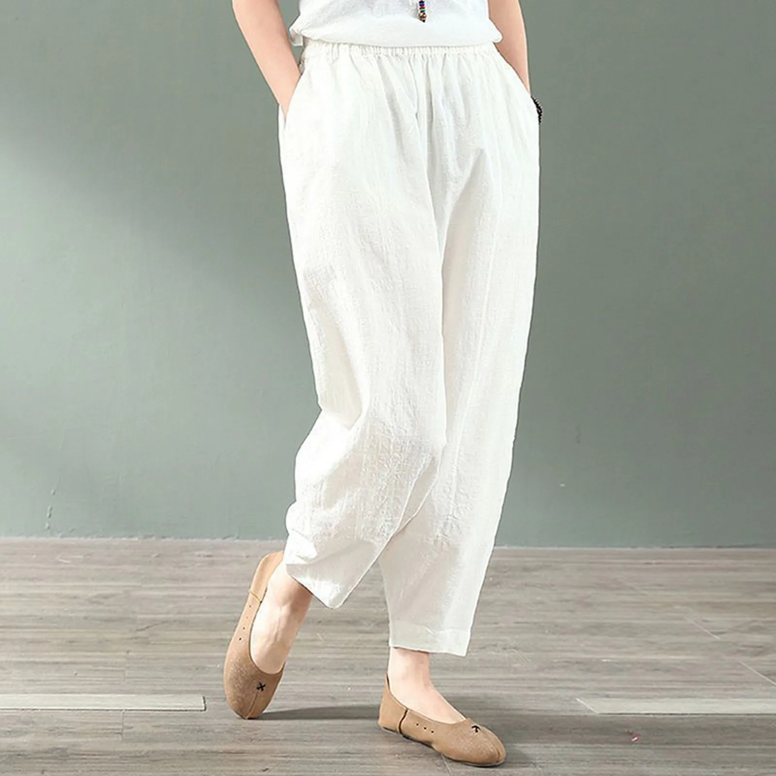 

Однотонные свободные брюки, летние тонкие брюки с эластичным поясом и высокой талией, широкие мешковатые брюки-шаровары длиной до щиколотки