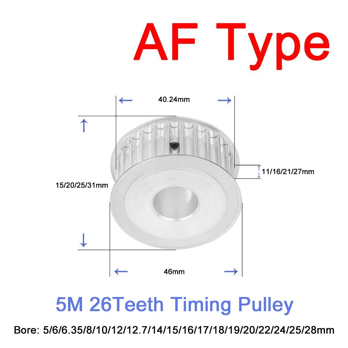 1Pc 26Teeth 5M AF Type Synchronous Wheel Pulley Bore5/6/6.35/8/10/12/12.7/14/15/16/17/18/19/20/22/24/25/28mm Width 11/16/21/27mm
1Pc 26Teeth 5M AF Type Synchronous Wheel Pulley Bore5/6/6.35/8/10/12/12.7/14/15/16/17/18/19/20/22/24/25/28mm Width 11/16/21/27mm