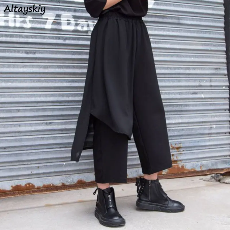 Черные брюки, женская уличная одежда, простой бойфренд в Корейском стиле с эластичным поясом, однотонные мешковатые универсальные винтажные летние брюки в стиле Харадзюку