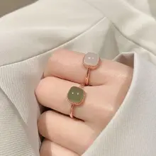 1pcs Vintage Hetian Jade Sugar Cube Ring For Women Opening Adjustable Finger Ring Geometric Ring Niche Design Jewelry