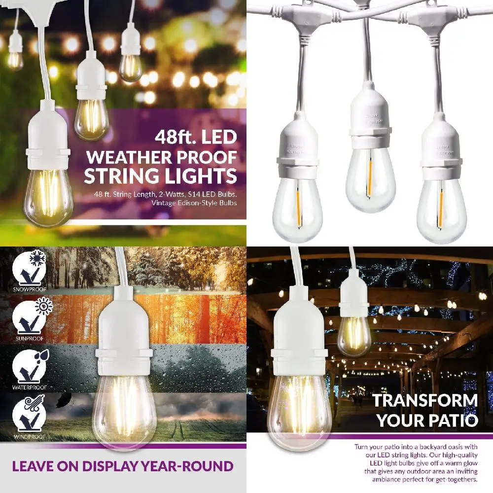 Secure Locking Connectors Highly Durable Commercial Grade Weatherproof LED String Lights with 48 Ft. White Heavy Duty Cord, Stro
Secure Locking Connectors Highly Durable Commercial Grade Weatherproof LED String Lights with 48 Ft. White Heavy Duty Cord, Stro
