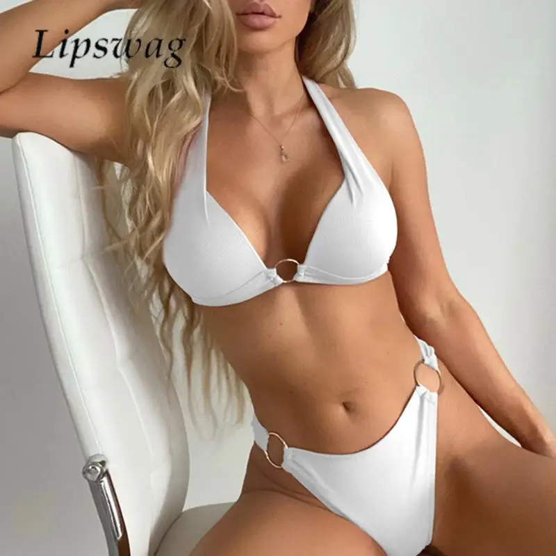 Halter Lace-up Backless Bikini Set Swimsuit Women Solid Color Metal Circle Hollow Out Swimwear Summer Quality Triangle Beachwear
Halter Lace-up Backless Bikini Set Swimsuit Women Solid Color Metal Circle Hollow Out Swimwear Summer Quality Triangle Beachwear