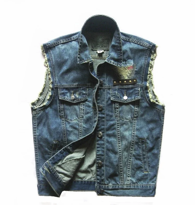 High Quality Denim Motorcycle Men's Vest Distressed Rivet Punk Patch Designs Blue Bliker Vests Single Breasted Sleeveless Jacket
High Quality Denim Motorcycle Men's Vest Distressed Rivet Punk Patch Designs Blue Bliker Vests Single Breasted Sleeveless Jacket