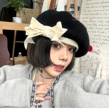 New Velvet Bow Berets Korean Version Ins Niche Sweet Princess Cap Winter Warm Japanese Retro Painter Hats for Woman