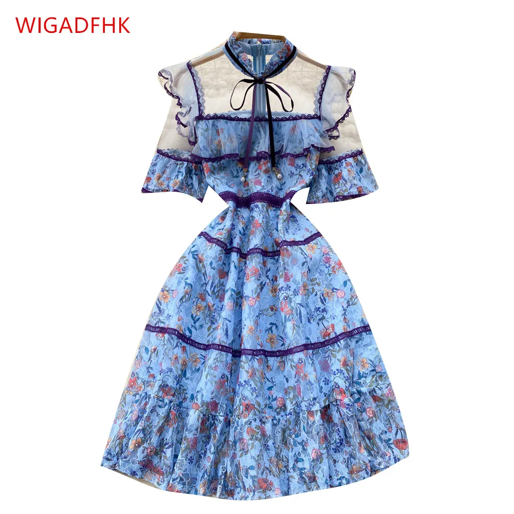 New Women's High-end Stand-up Collar Trumpet Short-sleeved Mesh Stitching Lace Dress Elegant Ruffled Retro A-line Print Dress
New Women's High-end Stand-up Collar Trumpet Short-sleeved Mesh Stitching Lace Dress Elegant Ruffled Retro A-line Print Dress