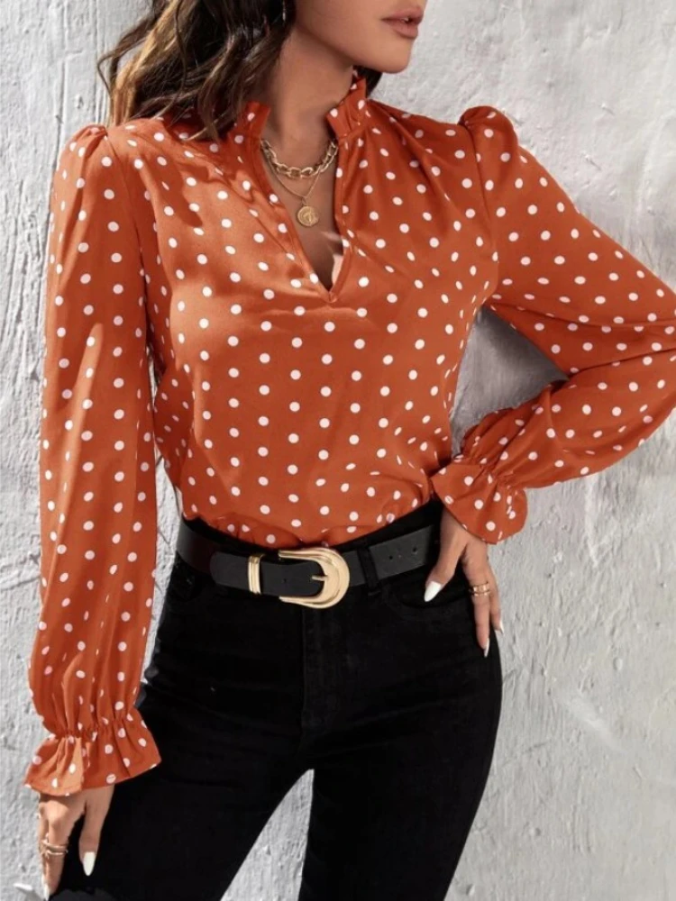 

Женская шифоновая блузка в горошек, элегантная тонкая блузка с V-образным вырезом и длинным рукавом, облегающий пуловер в стиле пэчворк, вес...