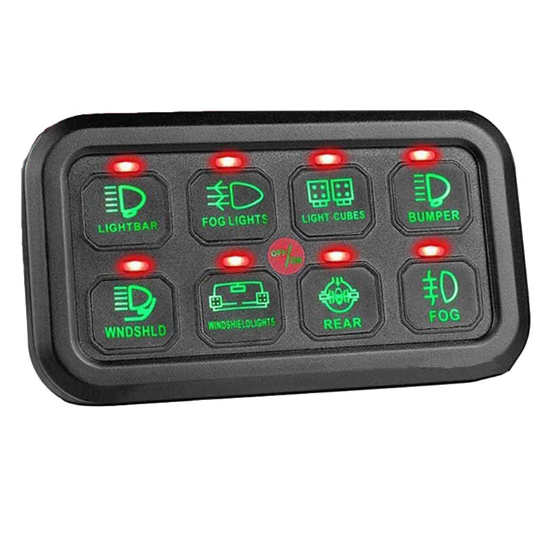 8 Gang Switch Panel Electronic Relay System Light Bar Switch Panel for Truck Car Offroad UTV Caravan Waterproof Green
8 Gang Switch Panel Electronic Relay System Light Bar Switch Panel for Truck Car Offroad UTV Caravan Waterproof Green