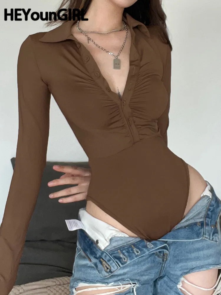 HEYounGIRL Women Long Sleeve Casual Bodysuit Folds Button Up Skinny Lady Streetwear Outfits Brown All-match Bodycon Bodysuits
HEYounGIRL Women Long Sleeve Casual Bodysuit Folds Button Up Skinny Lady Streetwear Outfits Brown All-match Bodycon Bodysuits