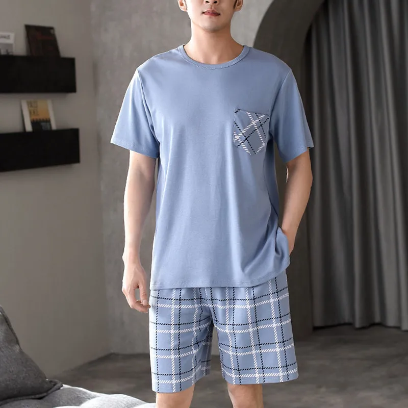 Summer Men Cotton Short Sleeve T Shirt Plaid Shorts Sleepwear Set Simple Comfortable Thin Pajamas Fashion Nightwear Set 2022 New
Summer Men Cotton Short Sleeve T Shirt Plaid Shorts Sleepwear Set Simple Comfortable Thin Pajamas Fashion Nightwear Set 2022 New