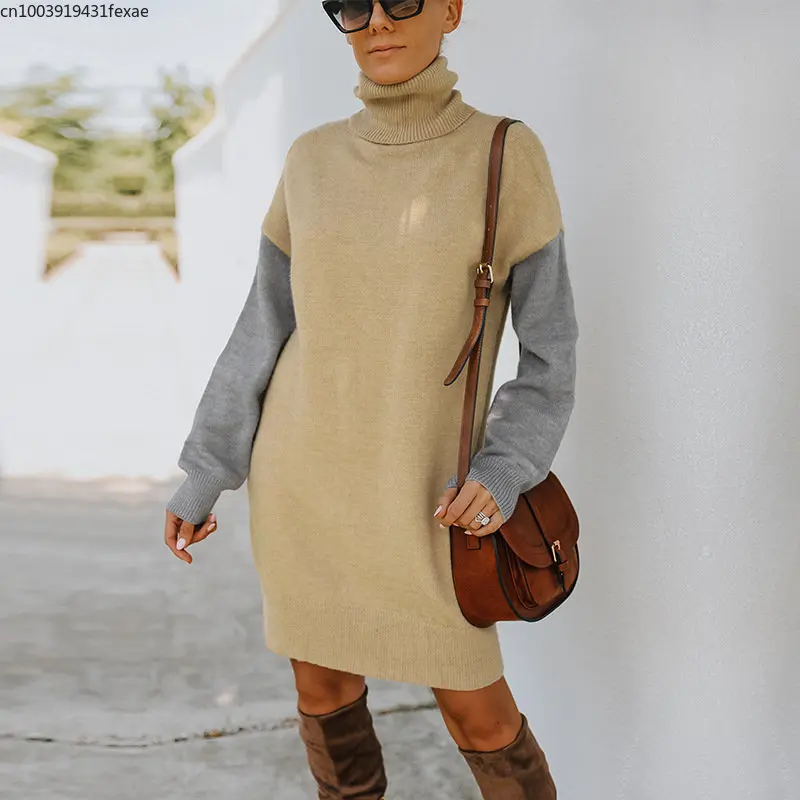 Fashion Turtleneck Warm Pullover Dress Women Autumn Winter Knitted Sweater Dress Vintage Long Sleeve Patchwork Office Lady Dress
Fashion Turtleneck Warm Pullover Dress Women Autumn Winter Knitted Sweater Dress Vintage Long Sleeve Patchwork Office Lady Dress