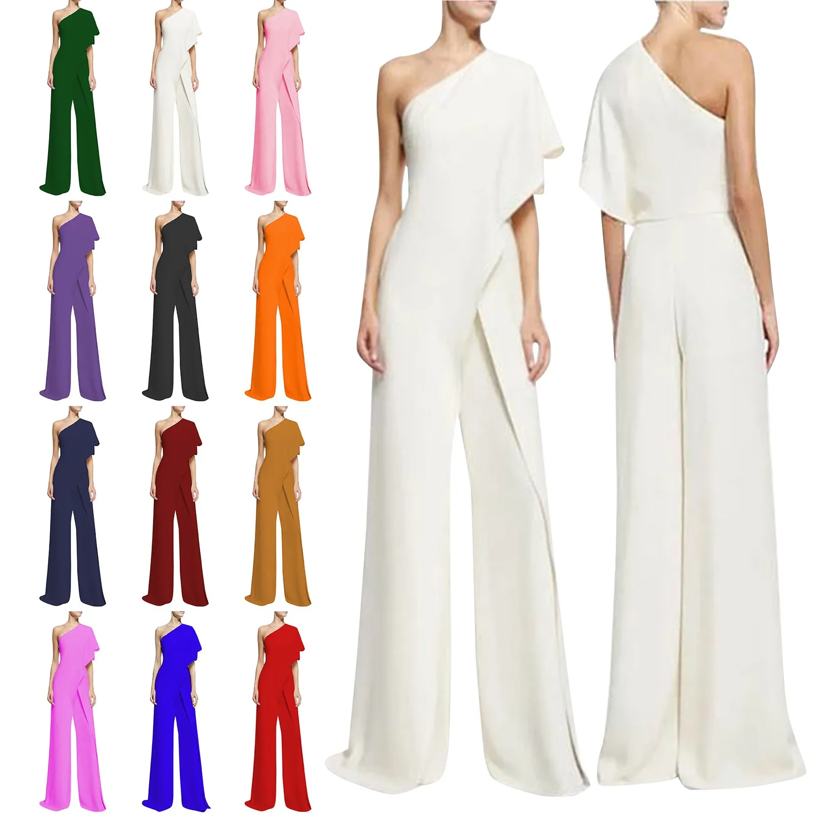 

Одноцветный элегантный комбинезон на одно плечо, прямые брюки, простые комбинезоны, винтажные вечерние, комбинезон, штаны, Femme, одежда 2023