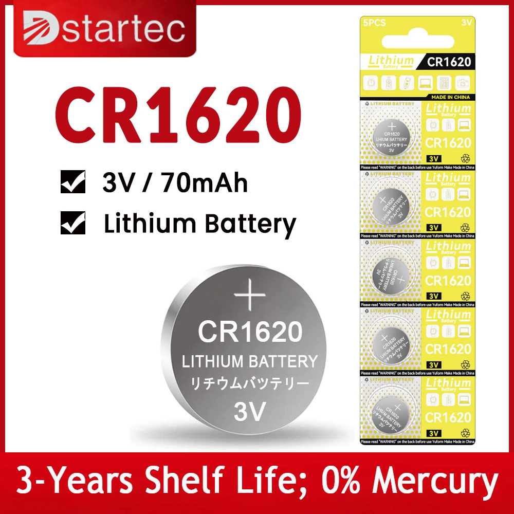 

Eunicell 70mAh Capacity CR1620 3V Lithium Battery LM1620 BR1620 ECR1620 KCR1620 CR 1620 5009LC Coin Cells Watch Toys Batteries