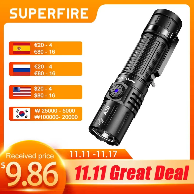 

Luxury SUPERFIRE A20 SST40 1700lm EDC Flashlight USB-C Rechargeable LED Torch 5 Mode Lantern for Camping Emergency lighting