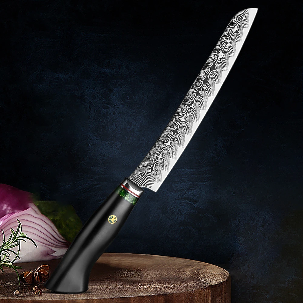 Damascus Sashimi Bread Knife 67 Layers Damascus VG10 Steel 8 Inch Sharp Cutter Sushi Cleaver Fish Kitchen Knife Ebony Handle
Damascus Sashimi Bread Knife 67 Layers Damascus VG10 Steel 8 Inch Sharp Cutter Sushi Cleaver Fish Kitchen Knife Ebony Handle