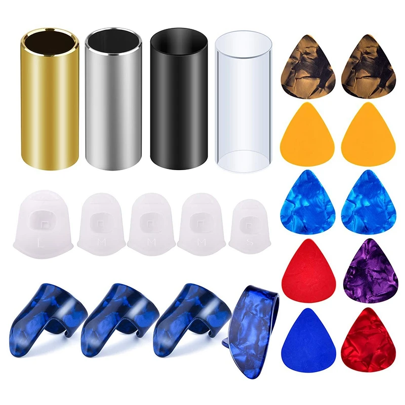 Guitar Slides Set Include 10 Pieces Guitar Picks, 4 Pieces Plastic Thumb & Finger Picks And Clear Guitar Finger Protectors
Guitar Slides Set Include 10 Pieces Guitar Picks, 4 Pieces Plastic Thumb & Finger Picks And Clear Guitar Finger Protectors