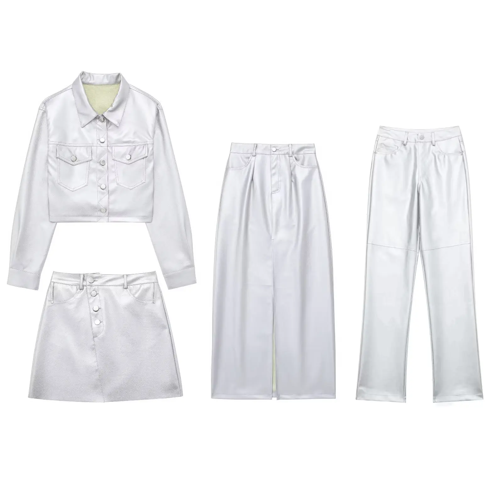 Set Women 4 Pieces2023 New Fashion Silver Glossy Coat Vintage Female Silver Bright Leather Overskirt Outerwear Chic Overshirt
Set Women 4 Pieces2023 New Fashion Silver Glossy Coat Vintage Female Silver Bright Leather Overskirt Outerwear Chic Overshirt
