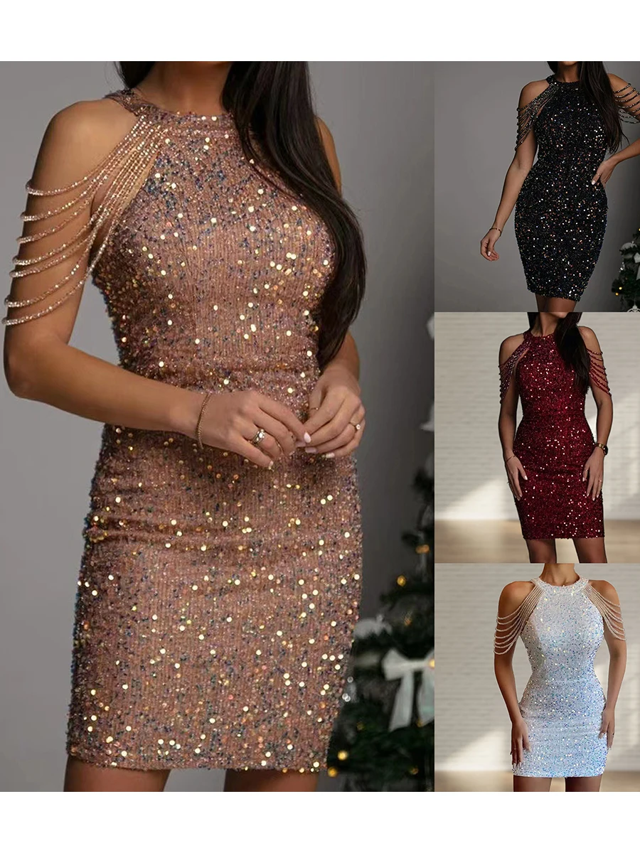 

Women Sexy Sequins Glitter Sparkle Crew Neck Sequins Dress Sequined Stitching Shining Mini Evening Party Wrap Hip Package Dress