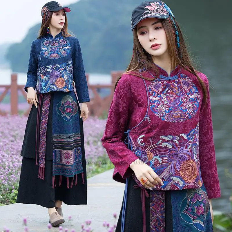 

2023 traditional chinese vintage hanfu coat national flower embroidery qipao blouse retro chinese cheongsam oriental tang suit