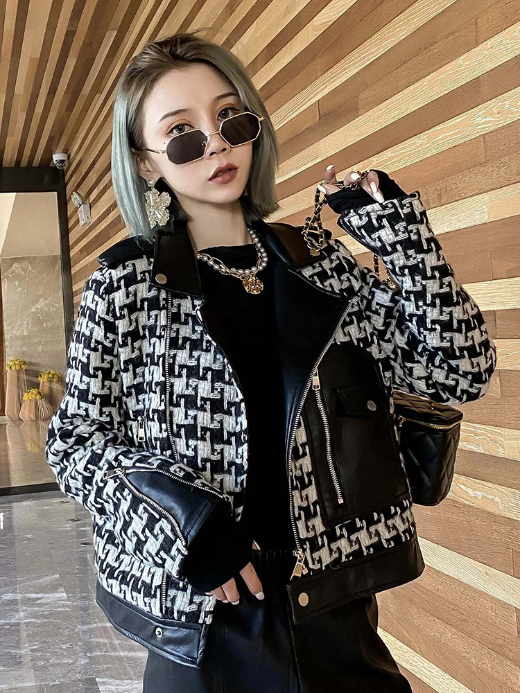 

2023 Korean Style Loose Tweed Jacket Women Chic Blend Wool Houndstooth Coat Ladies Spring single-breasted Outwear With Pockets