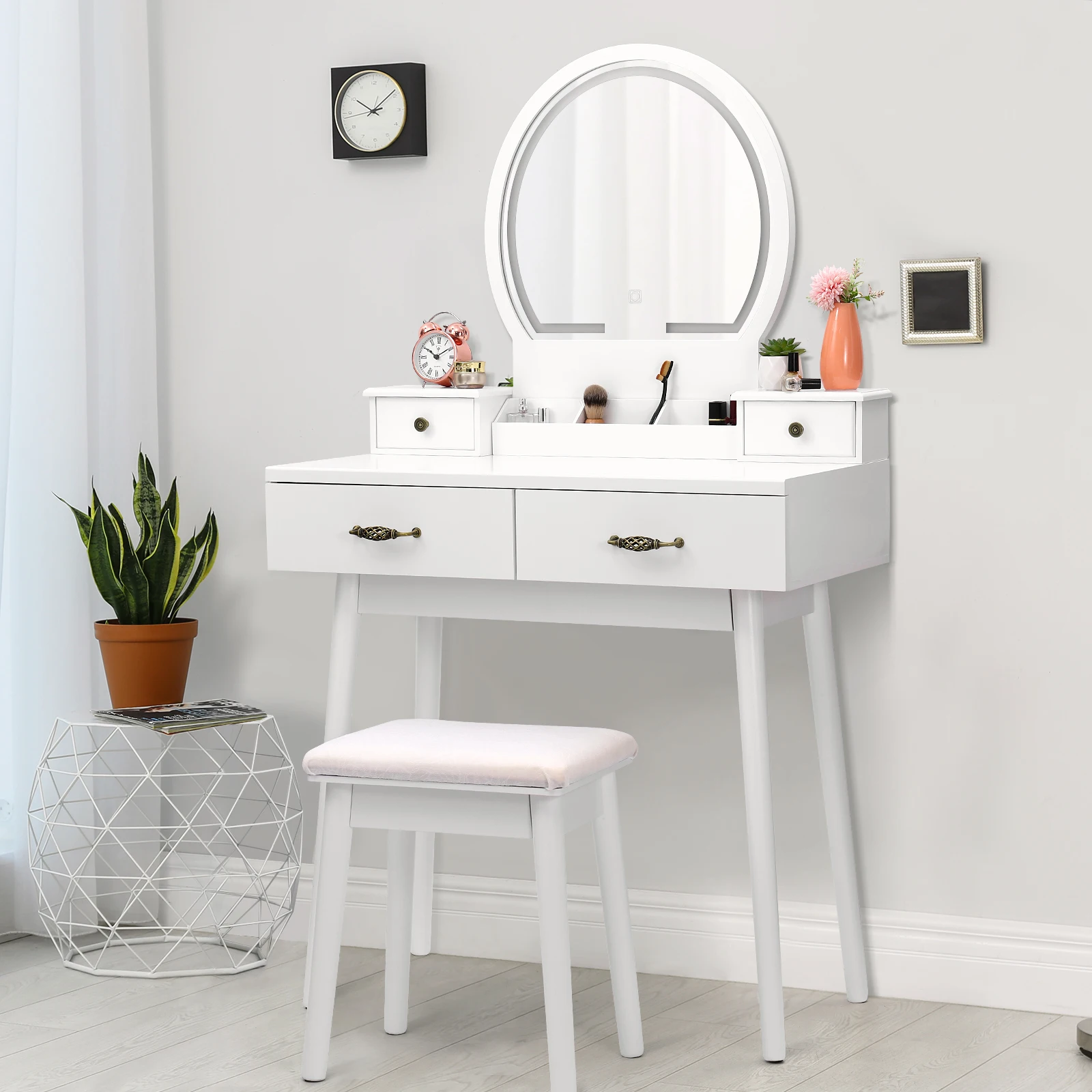 Vosarea 3 Color Lighting Modes Dressing Table Mirror Vanity Table with Touch Screen Dimming LED Mirror Cushioned Stool (US Plug)
Vosarea 3 Color Lighting Modes Dressing Table Mirror Vanity Table with Touch Screen Dimming LED Mirror Cushioned Stool (US Plug)