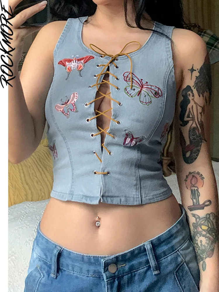 Rockmore Butterfly Embroidery Crop Top Women Streetwear Sexy Lace-up Denim Tank Top Summer Y2K Aesthetic Corset Harajuku Korean
Rockmore Butterfly Embroidery Crop Top Women Streetwear Sexy Lace-up Denim Tank Top Summer Y2K Aesthetic Corset Harajuku Korean